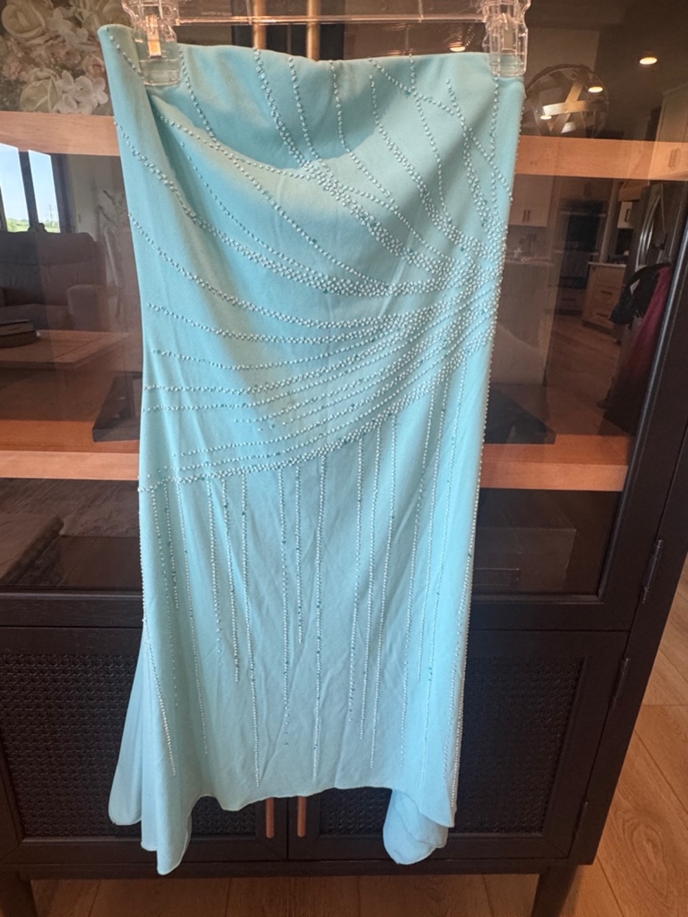 Beaded Strapless Aqua Evening Dress